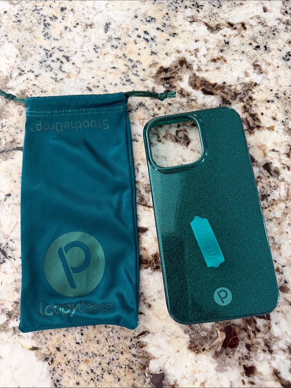 14 Pro Max Loopy Case Teal Green Glitter Phone Case with Loopy Strap and Pouch